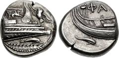 LYCIA, Phaselis. 4th century BC. AR Stater (19mm, 10.32 g, 4h). Prow of galley right, fighting platform decorated with Pegasos flying right; to right, owl flying upward left, wings displayed; below, d