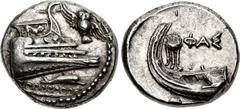 LYCIA, Phaselis. 4th century BC. AR Stater (22mm, 10.32 g, 5h). Prow of galley right, fighting platform decorated with lion at bay right; to right, owl flying upward left, wings displayed; below, dolp