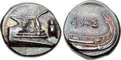 LYCIA, Phaselis. 4th century BC. AR Stater (21.5mm, 10.35 g, 9h). Prow of galley right, fighting platform decorated with facing gorgoneion; to right, cicada upward / Stern of galley right; ΦAΣ above. 