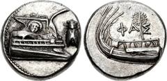 LYCIA, Phaselis. 4th century BC. AR Stater (20.5mm, 10.40 g, 4h). Prow of galley right, fighting platform decorated with facing gorgoneion; to right, cicada upward / Stern of galley left, with wreath 