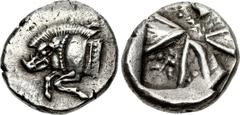 LYCIA, Uncertain. Circa 520-470/60 BC. AR Third Stater (14.5mm, 2.79 g). Forepart of boar right / Incuse square; linear triangles protruding from two opposite sides, irregular linear shapes protruding