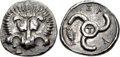 DYNASTS of LYCIA. Trbbenimi. Circa 390-375 BC. AR Stater (24mm, 9.86 g, 8h). Zagaba mint. Facing lion scalp / Triskeles with T in center; fish to left, ZAG (in Lycian) around; all within incuse circle