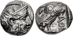 ARABIA, Southern. Qataban . Unknown ruler(s). Circa 350-320/00 BC. AR gms – Hemidrachm (12mm, 2.56 g, 9h). Imitating Athens. Helmeted head of Athena right; Γ (mark of value) on cheek / Owl standing ri