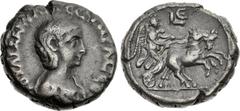 EGYPT, Alexandria. Aquilia Severa. Augusta, AD 220-221 & 221-222. Potin Tetradrachm (23mm, 11.52 g, 12h). Dated RY 5 of Elagabalus (AD 221/2). Draped bust right / Nike in galloping biga right; L Є (da