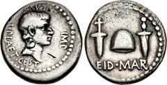 The Republicans. Brutus. Late summer-autumn 42 BC. AR Denarius (17mm, 3.58 g, 12h). Military mint traveling with Brutus and Cassius in western Asia Minor or northern Greece; L. Plaetorius Cestianus, m