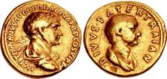 Trajan, with Trajan Pater. AD 98-117. AV Aureus (19.5mm, 7.15 g, 7h). Rome mint. Struck AD 112-113. IMP TRAIANVS AVG GER DΛC P M TR P COS VI P P, laureate, draped, and cuirassed bust of Trajan right /