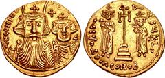 Constans II, with Constantine IV, Heraclius, and Tiberius. 641-668. AV Solidus (20mm, 4.34 g, 6h). Syracuse mint. Crowned and draped facing busts of Constans, with tall plume, and Constantine; cross a