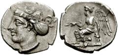BRUTTIUM, Terina. Circa 420-400 BC. AR Triobol (1.21 gm). Estimate $750 BRUTTIUM, Terina. Circa 420-400 BC. AR Triobol (1.21 gm). Head of nymph left, wearing ampyx in hair / Nike seated left on cippus