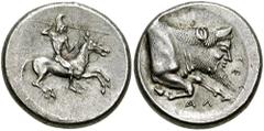 SICILY, Gela. Circa 490/485-480/475 BC. AR Didrachm (8.75 gm). Estimate $3000  SICILY, Gela. Circa 490/485-480/475 BC. AR Didrachm (8.75 gm). Nude horseman galloping right, brandishing a spear overhea