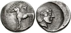SICILY, Segesta. Circa 440-400 BC. AR Didrachm (8.27 gm). Estimate $3000 SICILY, Segesta. Circa 440-400 BC. AR Didrachm (8.27 gm). Hound standing left; shell above / SEGESTA (retrograde), diademed hea