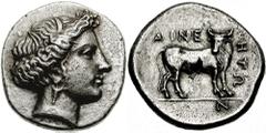 MACEDON, Aineia. Circa 4th century BC. AR Tetradrachm (13.61 gm). Estimate $15000 MACEDON, Aineia. Circa 4th century BC. AR Tetradrachm (13.61 gm). Wreathed head of a nymph right / AINE-HTW-N, bull st