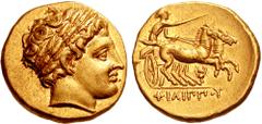 KINGS of MACEDON. Philip II. 359-336 BC. AV Stater (8.61 gm). Pella mint. Struck under Philip III or Kassander, circa 323-315 BC. Estimate $2500 KINGS of MACEDON. Philip II. 359-336 BC. AV Stater (8.6