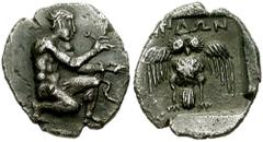SCYTHIA, The Sindi. Circa 4th century BC. AR Diobol (1.44 gm). Estimate $2000 SCYTHIA, The Sindi. Circa 4th century BC. AR Diobol (1.44 gm). Nude young man kneeling right, stringing bow and holding be