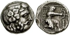 ISLANDS off THRACE. Thasos. Circa 404-340 BC. AR Didrachm (6.75 gm). Estimate $1500  ISLANDS off THRACE. Thasos. Circa 404-340 BC. AR Didrachm (6.75 gm). Wreathed head of bearded Dionysos right / QASI