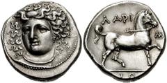 THESSALY, Larissa. Circa 356-342 BC. AR Didrachm (12.22 gm). Estimate $10000  THESSALY, Larissa. Circa 356-342 BC. AR Didrachm (12.22 gm). Diademed head of the nymph Larissa, with flowing hair, facing