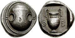 BOEOTIA, Thebes. Circa 426-395 BC. AR Stater (12.02 gm). Estimate $2500 BOEOTIA, Thebes. Circa 426-395 BC. AR Stater (12.02 gm). Boeotian shield; club on shield / Q-E, amphora within incuse square. BM