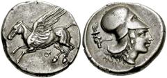 CORINTHIA, Corinth. Circa 405-345 BC. AR Stater (8.56 gm). Estimate $1000 CORINTHIA, Corinth. Circa 405-345 BC. AR Stater (8.56 gm). Pegasos flying left; qoppa below / Helmeted head of Athena right; h