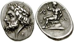 ARKADIA, Megalopolis. Circa 250-235 BC. AR Triobol (2.78 gm). Estimate $2500 ARKADIA, Megalopolis. Circa 250-235 BC. AR Triobol (2.78 gm). Laureate head of Zeus left; pellet below / Pan seated left on