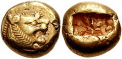 KINGS of LYDIA. Uncertain King. Before 561 BC. EL Third Stater - Trite (4.76 gm). Estimate $750 KINGS of LYDIA. Uncertain King. Before 561 BC. EL Third Stater - Trite (4.76 gm). Head of roaring lion r
