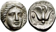 ISLANDS off CARIA, Rhodos, Rhodes. Circa 404-375 BC. AR Tetradrachm (15.06 gm). Estimate $7500  ISLANDS off CARIA, Rhodos, Rhodes. Circa 404-375 BC. AR Tetradrachm (15.06 gm). Head of Helios, framed b