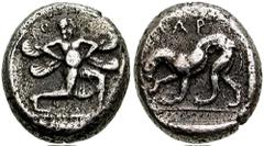 CILICIA, Mallos. Circa 425-385 BC. AR Tetrobol (3.20 gm). Estimate $500 CILICIA, Mallos. Circa 425-385 BC. AR Tetrobol (3.20 gm). Winged god advancing right, holding sun disk / MAP, panther walking le