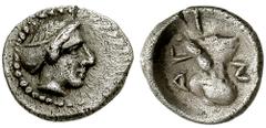 CILICIA, Nagidos. Before 360 BC. AR Tetartemorion (0.23 gm). Estimate $500 CILICIA, Nagidos. Before 360 BC. AR Tetartemorion (0.23 gm). Head of Aphrodite right, hair bound in sphendone / N-AG-I, torso