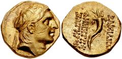 SELEUKID KINGS of SYRIA. Demetrios I. 162-150 BC. AV Stater (8.57 gm). Antioch mint. Estimate $5000 SELEUKID KINGS of SYRIA. Demetrios I. 162-150 BC. AV Stater (8.57 gm). Antioch mint. Diademed head r