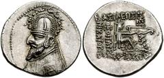 KINGS of PARTHIA. Sinatrukes. 93/2-70/69 BC. AR Drachm (4.08 gm). Rhagae mint. Estimate $200  KINGS of PARTHIA. Sinatrukes. 93/2-70/69 BC. AR Drachm (4.08 gm). Rhagae mint. Diademed bust left, wearing
