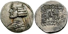 KINGS of PARTHIA. Orodes II. 58/7 - 38 BC. AR Drachm (3.82 gm). Kangavar mint. Estimate $150 KINGS of PARTHIA. Orodes II. 58/7 - 38 BC. AR Drachm (3.82 gm). Kangavar mint. Diademed bust left; neck tor