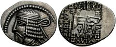 KINGS of PARTHIA. Vologases I. 51-78 AD. AR Drachm (3.48 gm). Ekbatana mint. Estimate $150 KINGS of PARTHIA. Vologases I. 51-78 AD. AR Drachm (3.48 gm). Ekbatana mint. Diademed bust left, tapering sho