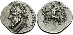 KINGS of PARTHIA. Vologases II. 77-80 AD. AR Diobol (1.43 gm). Uncertain mint. Estimate $200  KINGS of PARTHIA. Vologases II. 77-80 AD. AR Diobol (1.43 gm). Uncertain mint. Diademed bust left, short b