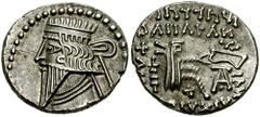 KINGS of PARTHIA. Mithradates V. 140 AD. AR Drachm (3.84 gm). Ekbatana mint. Estimate $150  KINGS of PARTHIA. Mithradates V. 140 AD. AR Drachm (3.84 gm). Ekbatana mint. Diademed bust left, long pointe