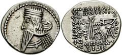 KINGS of PARTHIA. Unknown king. 140 AD. AR Drachm (3.73 gm). Ekbatana mint. Estimate $1000 KINGS of PARTHIA. Unknown king. 140 AD. AR Drachm (3.73 gm). Ekbatana mint. Diademed bust left, long pointed 