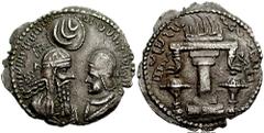 SASANIAN KINGS of PERSIA. Ardashir I, with Shahpur I. 224-241 AD. AR Drachm (3.59 gm). Estimate $1500  SASANIAN KINGS of PERSIA. Ardashir I, with Shahpur I. 224-241 AD. AR Drachm (3.59 gm). Degraded P