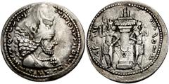 SASANIAN KINGS of PERSIA. Shahpur I. 241-272 AD. AR Drachm (4.32 gm). Estimate $300 SASANIAN KINGS of PERSIA. Shahpur I. 241-272 AD. AR Drachm (4.32 gm). Degraded Pahlavi legend, crowned and cuirassed
