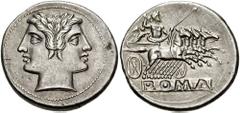 Anonymous. Circa 225-212 BC. AR Didrachm or Quadrigatus (6.57 gm). Rome mint. Estimate $1500 Anonymous. Circa 225-212 BC. AR Didrachm or Quadrigatus (6.57 gm). Rome mint. Laureate head of Janus; curve