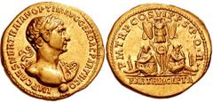 TRAJAN. 98-117 AD. AV Aureus (7.27 gm). Struck mid-Summer 116 AD. Estimate $7500  TRAJAN. 98-117 AD. AV Aureus (7.27 gm). Struck mid-Summer 116 AD. IMP CAES NER TRAIAN OPTIM AVG GER DAC PARTHICO, laur