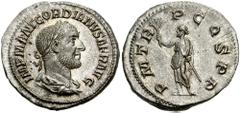 GORDIAN I. 238 AD. AR Denarius (3.37 gm). Estimate $5000 GORDIAN I. 238 AD. AR Denarius (3.37 gm). IMP M ANT GORDIANVS AFR AVG, laureate, draped, and cuirassed bust right, seen from behind / P M TR P 