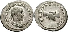 PUPIENUS. 238 AD. AR Antoninianus (4.96 gm). Estimate $500 PUPIENUS. 238 AD. AR Antoninianus (4.96 gm). IMP CAES PVPIEN MAXIMVS AVG, radiate, draped, and cuirassed bust right, seen from behind / CARIT