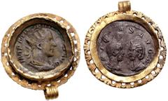 PHILIP I, with OTACILIA SEVERA, and PHILIP II. 244-249 AD. AR Antoninianus, in contemporary gold bezel (9.04 gm, including bezel). Struck 247 AD. Estimate $2500  PHILIP I, with OTACILIA SEVERA, and PH