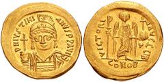 JUSTINIAN I. 527-565 AD. AV Solidus (4.49 gm). Constantinople mint. Struck 545-565 AD. Estimate $300  JUSTINIAN I. 527-565 AD. AV Solidus (4.49 gm). Constantinople mint. Struck 545-565 AD. DN IVSTINI 