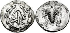 LYDIA, Tralles. Circa 128-85 BC. AR Half-Cistophorus (20mm, 5.70 gm). Club draped with lion's skin; all within wreath / Grape cluster, leaves around; ME-MA (magistrate) above, TPAΛ in lower left field