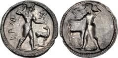 BRUTTIUM, Kaulonia. Circa 525-500 BC. AR Nomos (30.5mm, 7.97 g, 12h). Apollo advancing right, holding branch aloft in right hand, left arm extended, upon which a small daimon, holding branch in each h