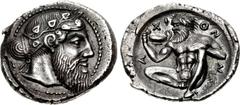 SICILY, Naxos. Circa 461-430 BC. AR Drachm (19mm, 4.32 g, 7h). Bearded head of Dionysos right, wearing tainia decorated with an ivy branch / Silenos, nude and bearded, squatting half-left, holding kan