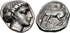 THESSALY, Larissa. Circa 370-360 BC. AR Hemidrachm (15mm, 3.07 g, 6h). Head of the nymph Larissa right, hair bound with ribbon, wearing single-pendant earring / Horse standing left, trailing rein, pre