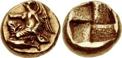MYSIA, Kyzikos. 5th-4th centuries BC. EL Hemihekte – Twelfth Stater (8.5mm, 1.28 g). Nike, holding [aphlaston] in extended right hand, kneeling left on tunny left / Quadripartite incuse square. Cf. Vo