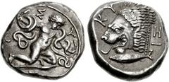 MYSIA, Kyzikos. Symmachy coinage. Circa 404 or 394 BC. AR Tridrachm (21mm, 11.41 g, 6h). The Herakliskos Drakonopnigon: the Infant Herakles crouching right, strangling a serpent coiled around each arm