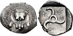 LYCIA, Limyra (as Zemuri). Circa 390-375 BC. AR Stater (27mm, 9.74 g). Facing lion scalp / Triskeles; ZẼM (in Lycian) around; all within incuse square. Podalia 357 var. (letters on obv.; same rev. die