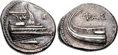LYCIA, Phaselis. 4th century BC. AR Stater (22mm, 10.42 g, 5h). Prow of galley right, fighting platform decorated with Pegasos flying right; below, dolphin right / Stern of galley left; ΦAΣ above. Hei