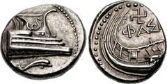 LYCIA, Phaselis. 4th century BC. AR Stater (23mm, 10.43 g, 11h). Prow of galley right, fighting platform decorated with coiled serpent right; below, dolphin right / Stern of galley left; swastika and 
